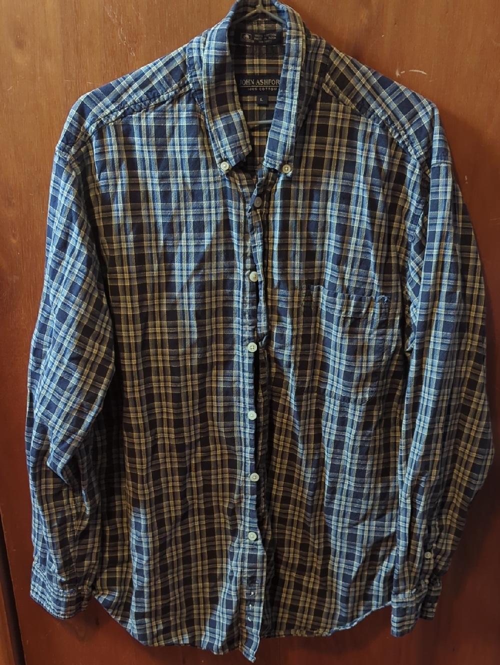 Vintage 90's John Ashford Navy and Light Blue Plaid Button-Down Shirt Size Large